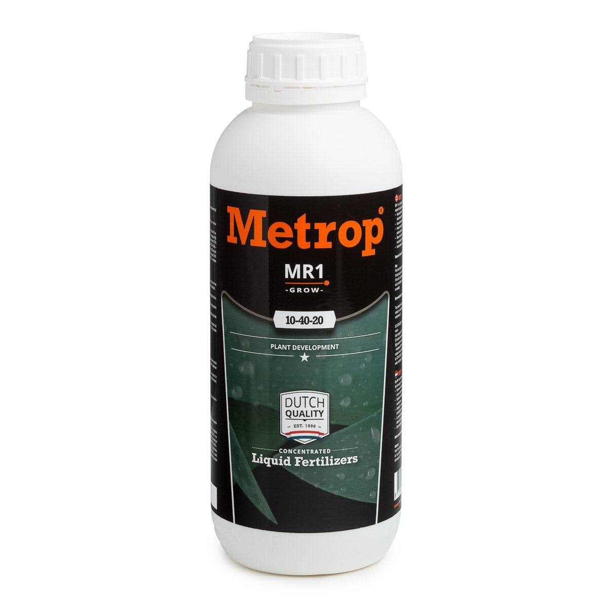 Engrais de croissance Metrop MR1 1L super concentré pour plantes aquatiques, idéal en culture indoor avec nutriments essentiels. Flacon blanc avec étiquette noire.