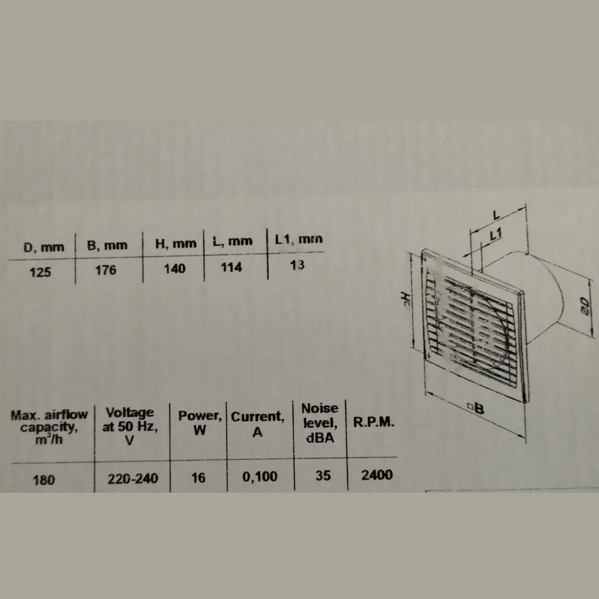 Winflex VKOs 125mm - 180m3/h - Extracteur mural avec grille