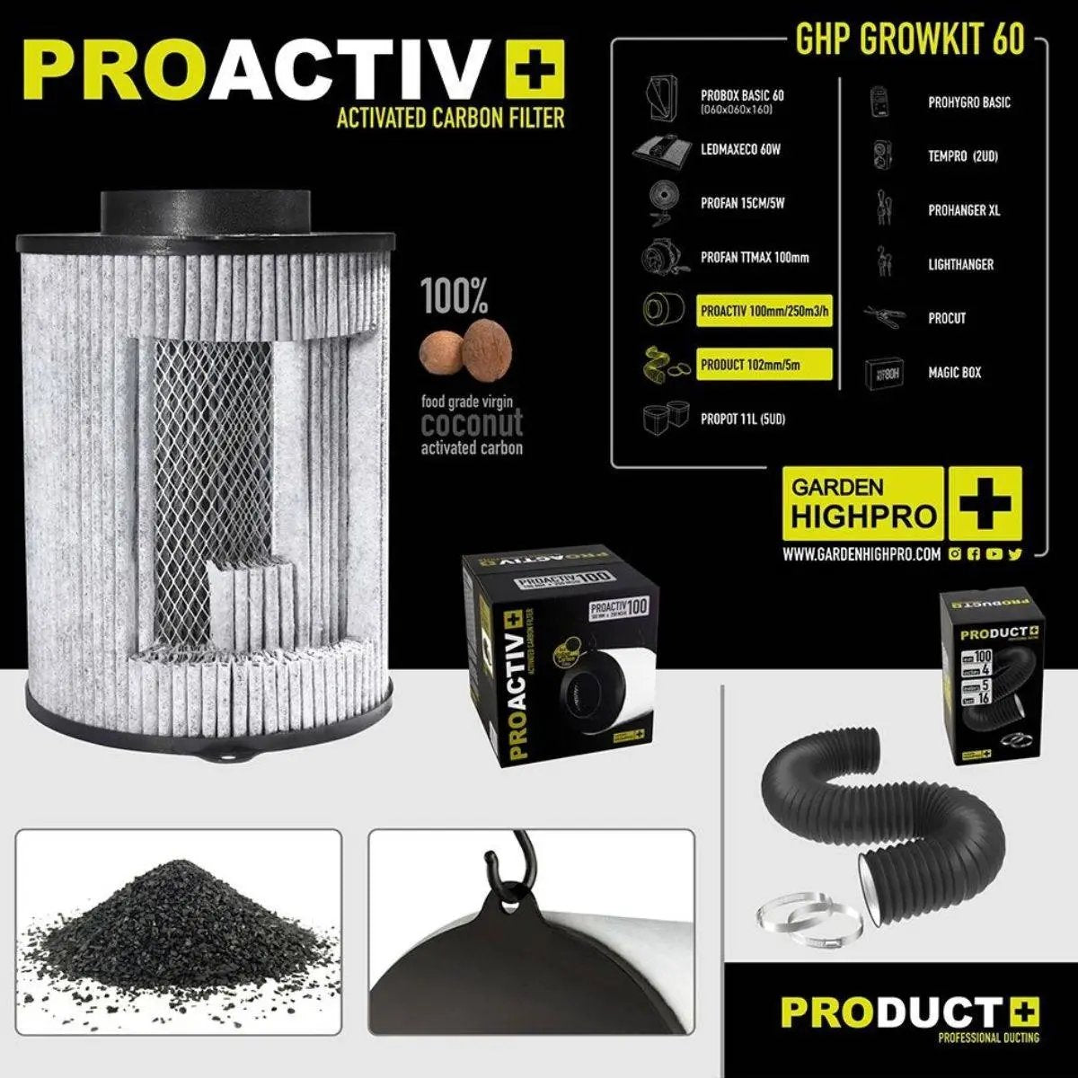 Filtre à charbon actif PROACTIV+ du kit Garden HighPro Growkit 60, conçu pour éliminer les odeurs avec charbon de coco vierge.