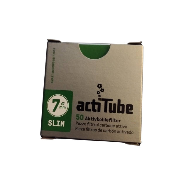Boîte de 50 filtres pour cigarettes ActiTube 7mm Slim avec charbon actif, idéale pour une filtration optimale et un goût purifié du tabac.