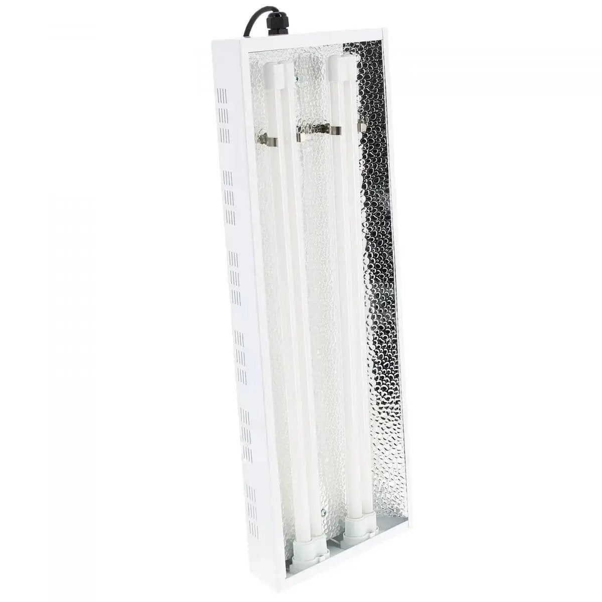 Lampe de culture Florastar Turbo Néon 2x55W en position verticale, équipée de tubes T5 et d’un réflecteur martelé haute efficacité.