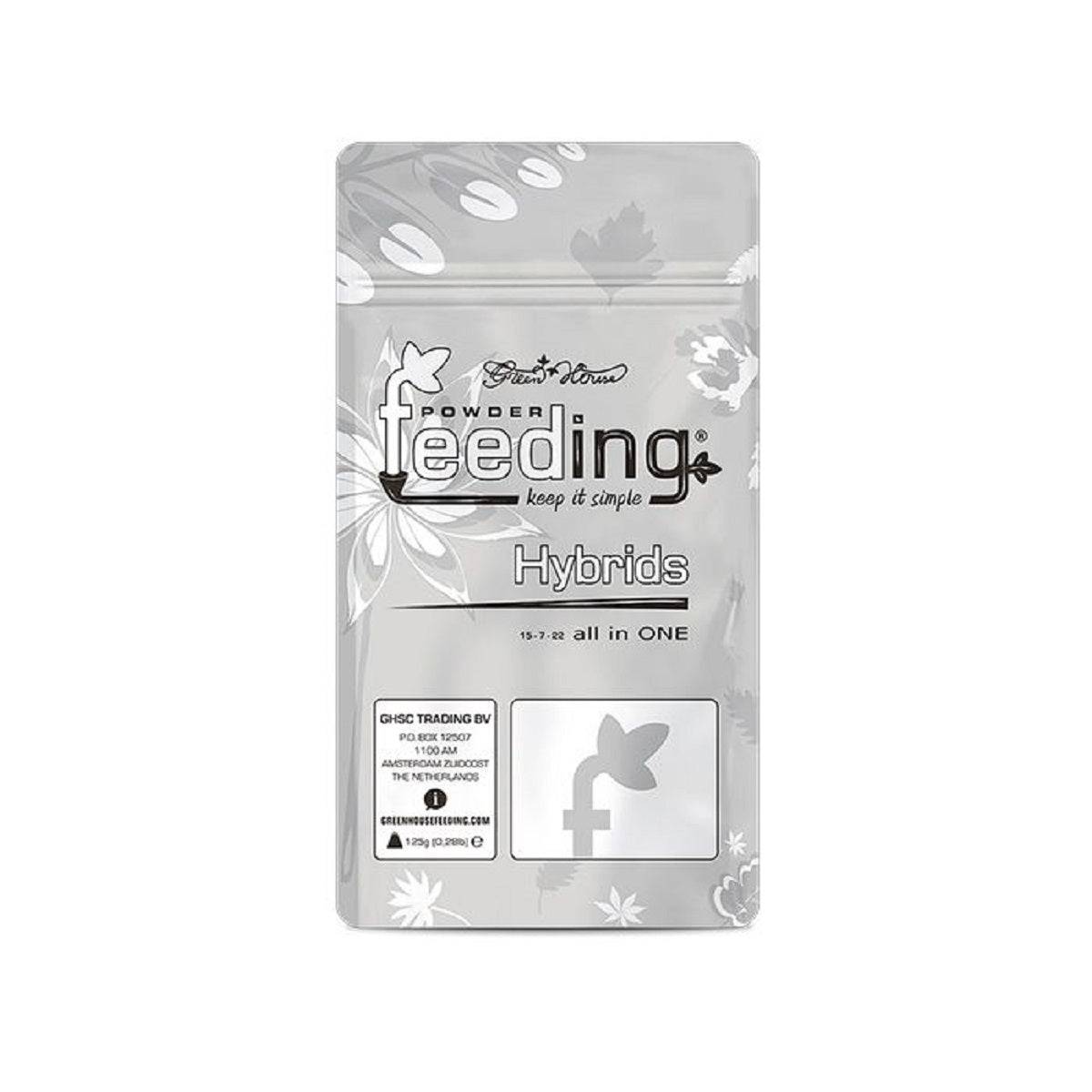 Engrais en poudre Green House Powder Feeding Hybrids 125gr pour plantes hybrides, sachet refermable design floral, formule tout-en-un 15-7-22.