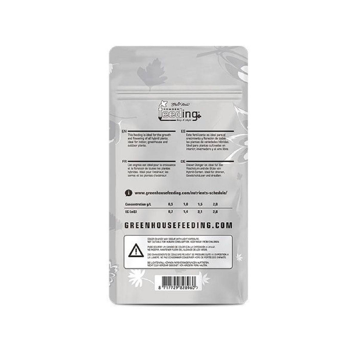 Dos du sachet Powder Feeding Hybrids 125gr avec instructions d'utilisation, tableau de dosage et lien vers le site Green House Feeding.
