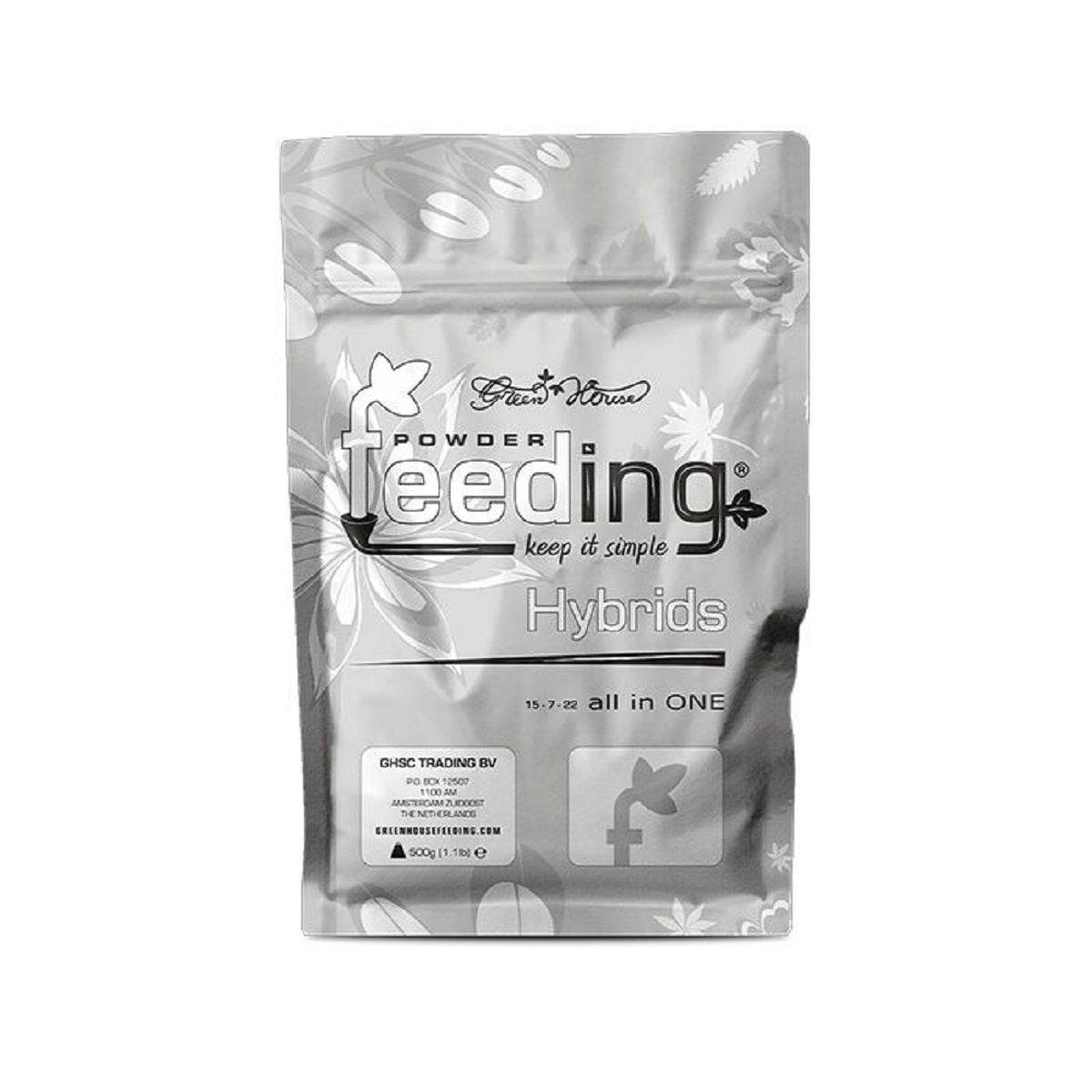 Engrais Green House Powder Feeding Hybrids 500g pour culture indoor, sachet argenté avec logo et instructions visibles. Idéal pour hybrides.