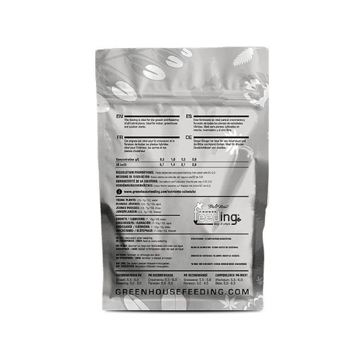 Dos du sachet Powder Feeding Hybrids 500g avec tableau de dosage et informations multilingues pour engrais indoor terre, coco, hydro et aéro.