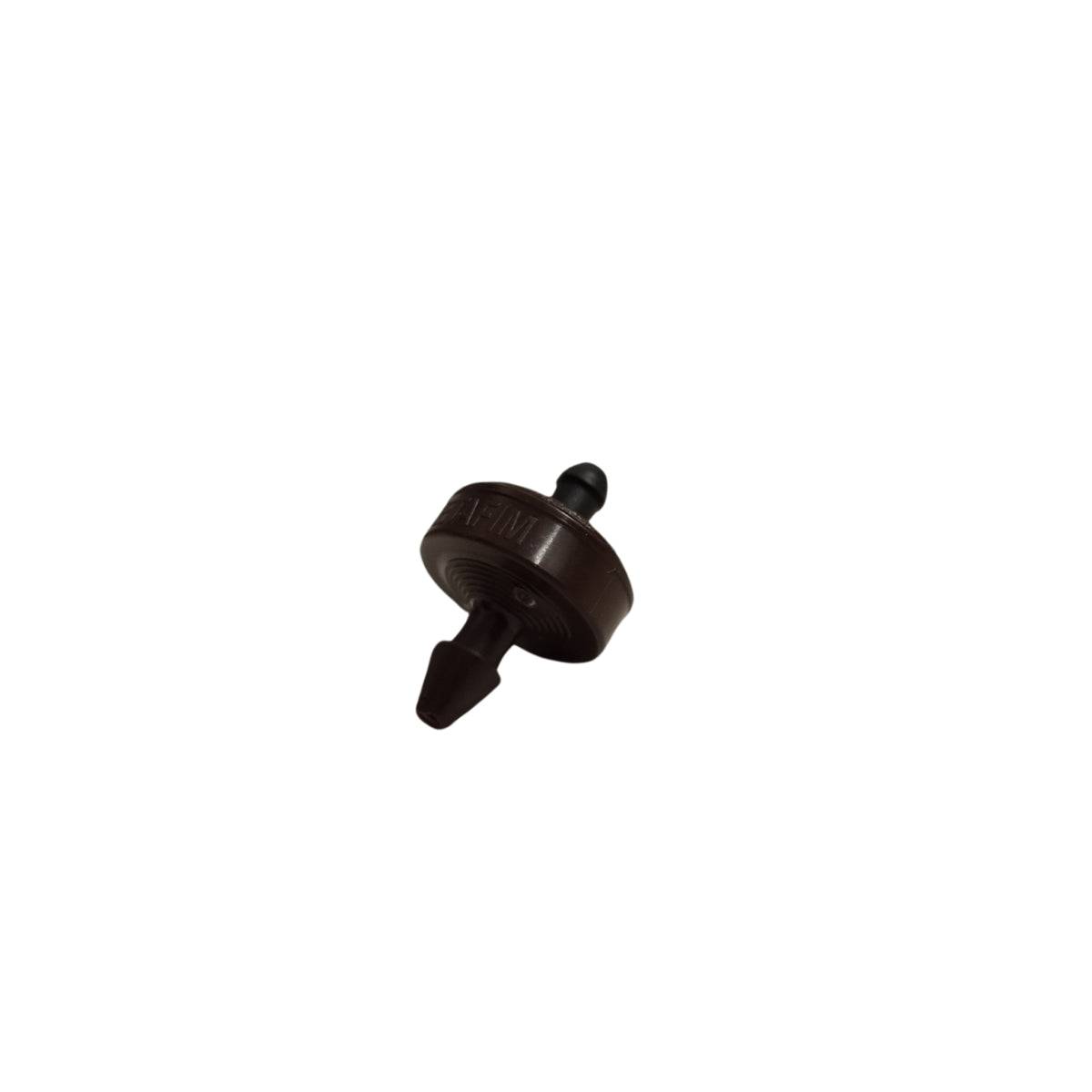 Goutteur 1,2 l/h pour irrigation de potagers et serres, modèle compact marron avec sortie conique pour microtube 5x3mm. Idéal pour arrosage goutte à goutte.