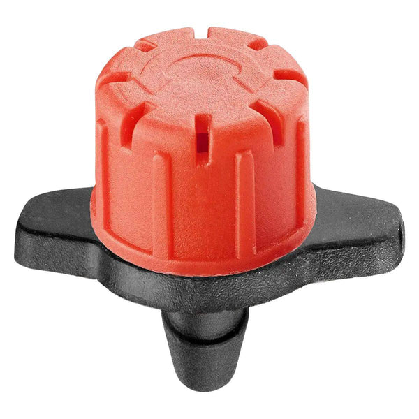 Goutteur réglable 0-70 L/h pour arrosage goutte-à-goutte, avec tête rouge et base noire, idéal pour irrigation précise au jardin ou potager.