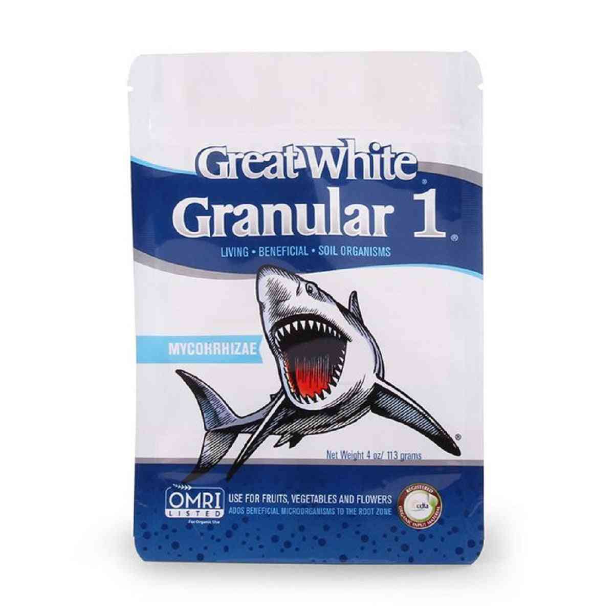 Engrais Great White Mycorrhizae Granular 113gr avec illustration de requin, idéal pour stimuler les racines et la croissance des plantes. Formule enrichie en mycorhizes pour fruits, légumes et fleurs.