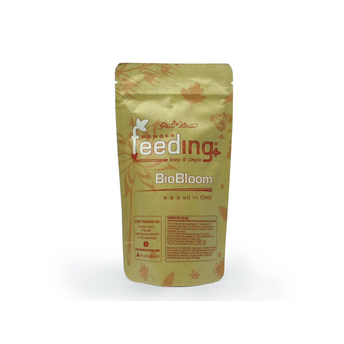 Engrais en poudre Green House BioBloom 125g avec NPK 4-9-9, idéal pour la floraison des plantes en jardinage domestique. Sachet refermable doré pratique.