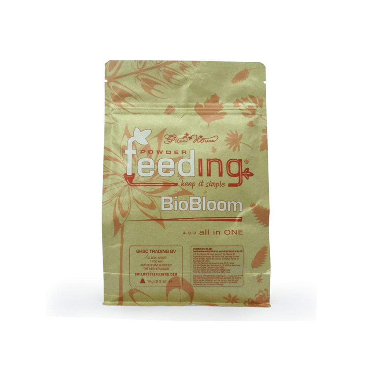 Engrais Green House Powder Feeding Biobloom 1kg en sachet refermable, idéal pour la floraison en culture indoor et outdoor. Formule soluble tout-en-un.