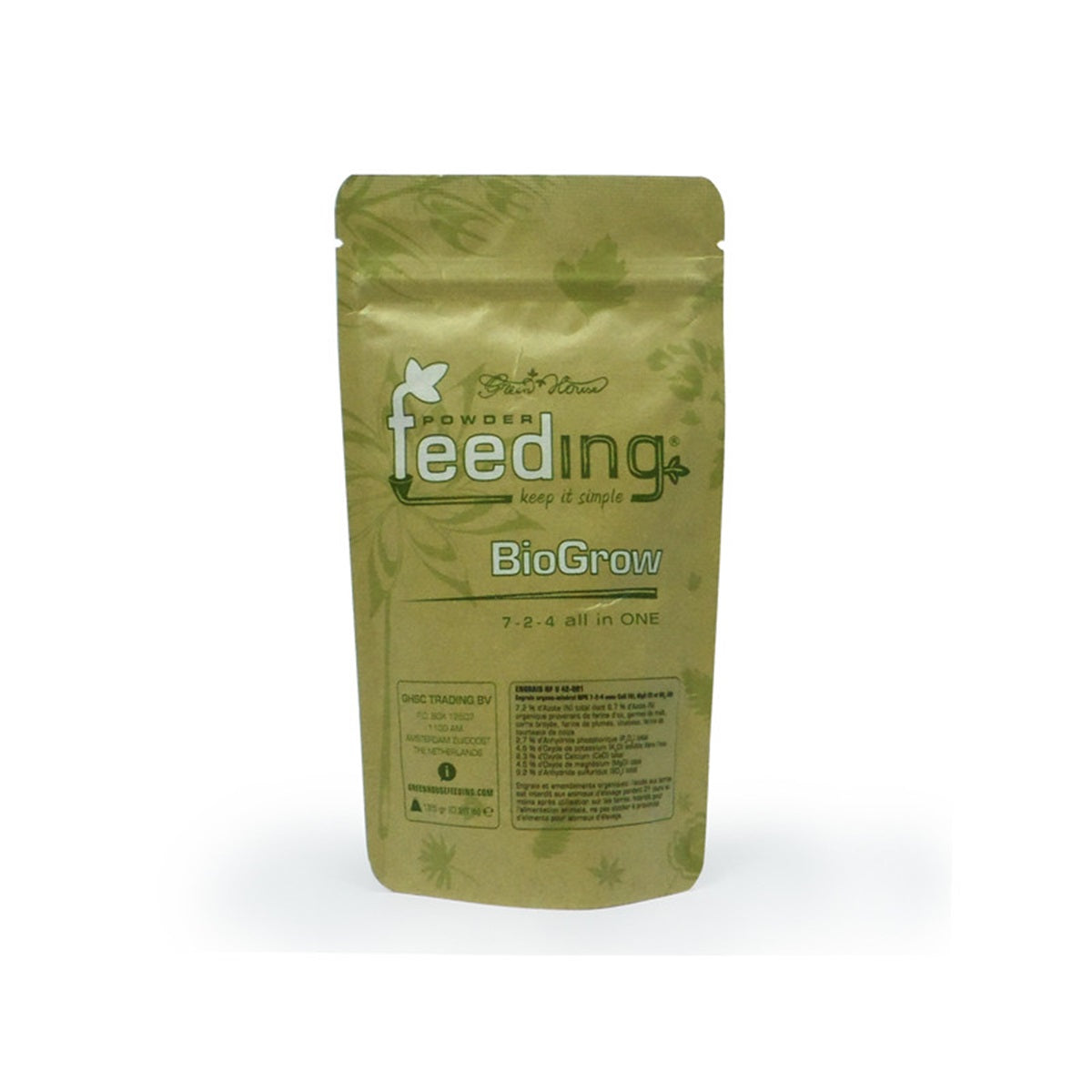 Sachet de 125g d’engrais organique Green House BioGrow pour croissance des plantes, formule 7-2-4, idéal pour terre, terreau et coco.