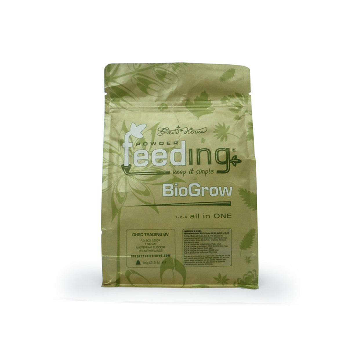 Engrais Green House BioGrow 1kg en sachet refermable, idéal pour croissance longue durée des plantes. Formule 7-2-4 enrichie en mycélium.