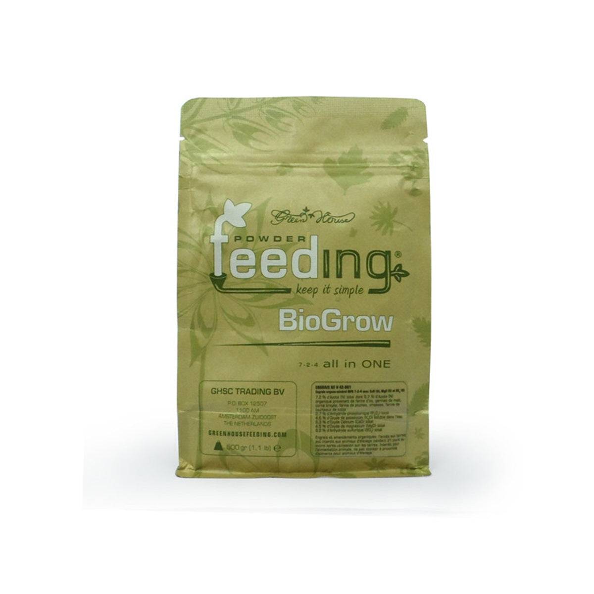 Engrais organique Green House BioGrow 500gr en sachet refermable, idéal pour la croissance des plantes en terre, coco ou terreau.