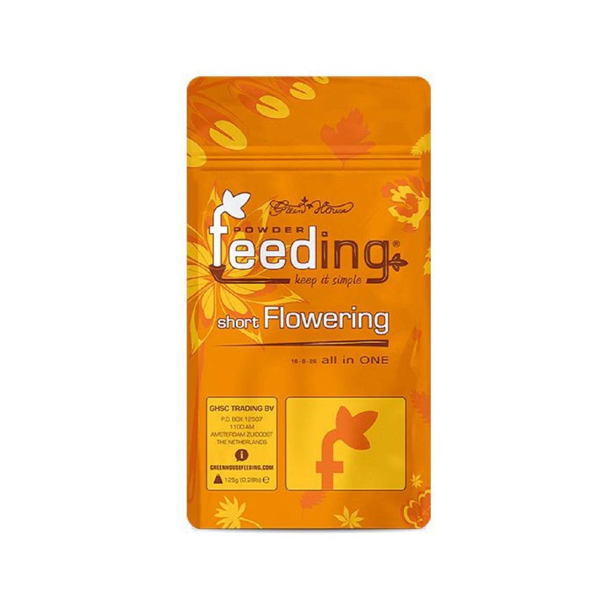 Engrais Green House Short Flowering 125gr pour floraison courte, sachet orange avec logo et design floral, idéal autofloraison.