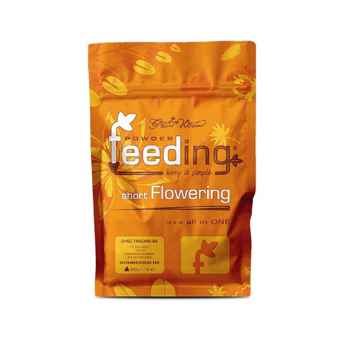 Engrais Green House Short Flowering 500g en sachet orange, idéal pour autofloraison et floraison rapide. Formule tout-en-un pour terre, coco, hydro.