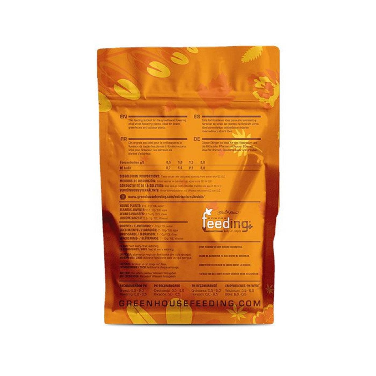 Dosage et composition de l'engrais Green House Short Flowering 500g, instructions multilingues pour culture en terre, coco et hydroponie.