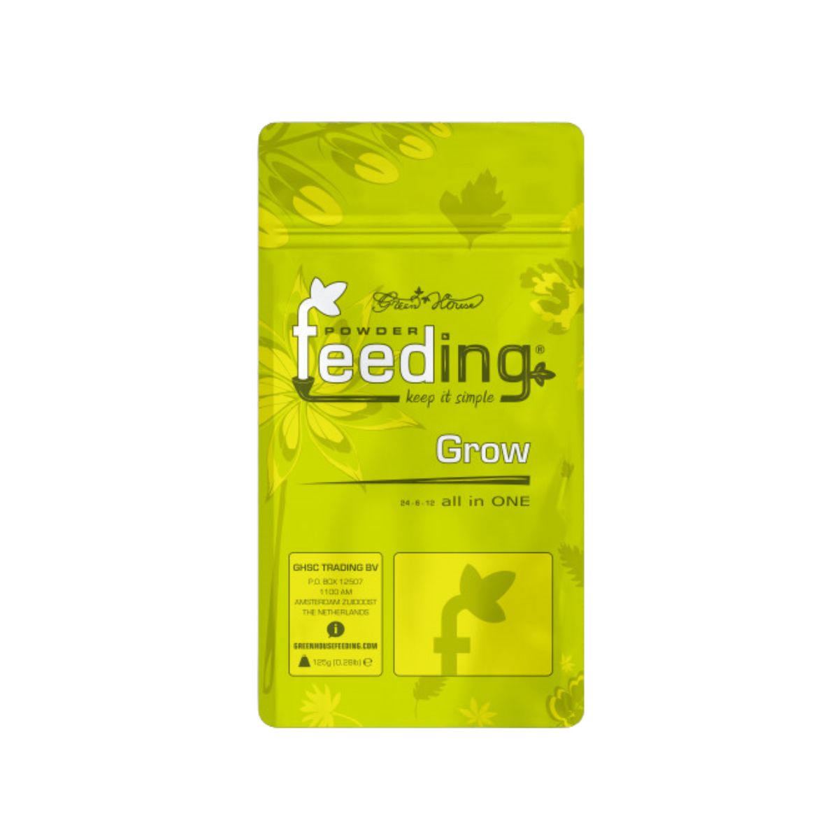 Engrais Green House Powder Feeding Grow 125g pour croissance des plantes, enrichi en azote, idéal pour terre, coco et hydroponie.