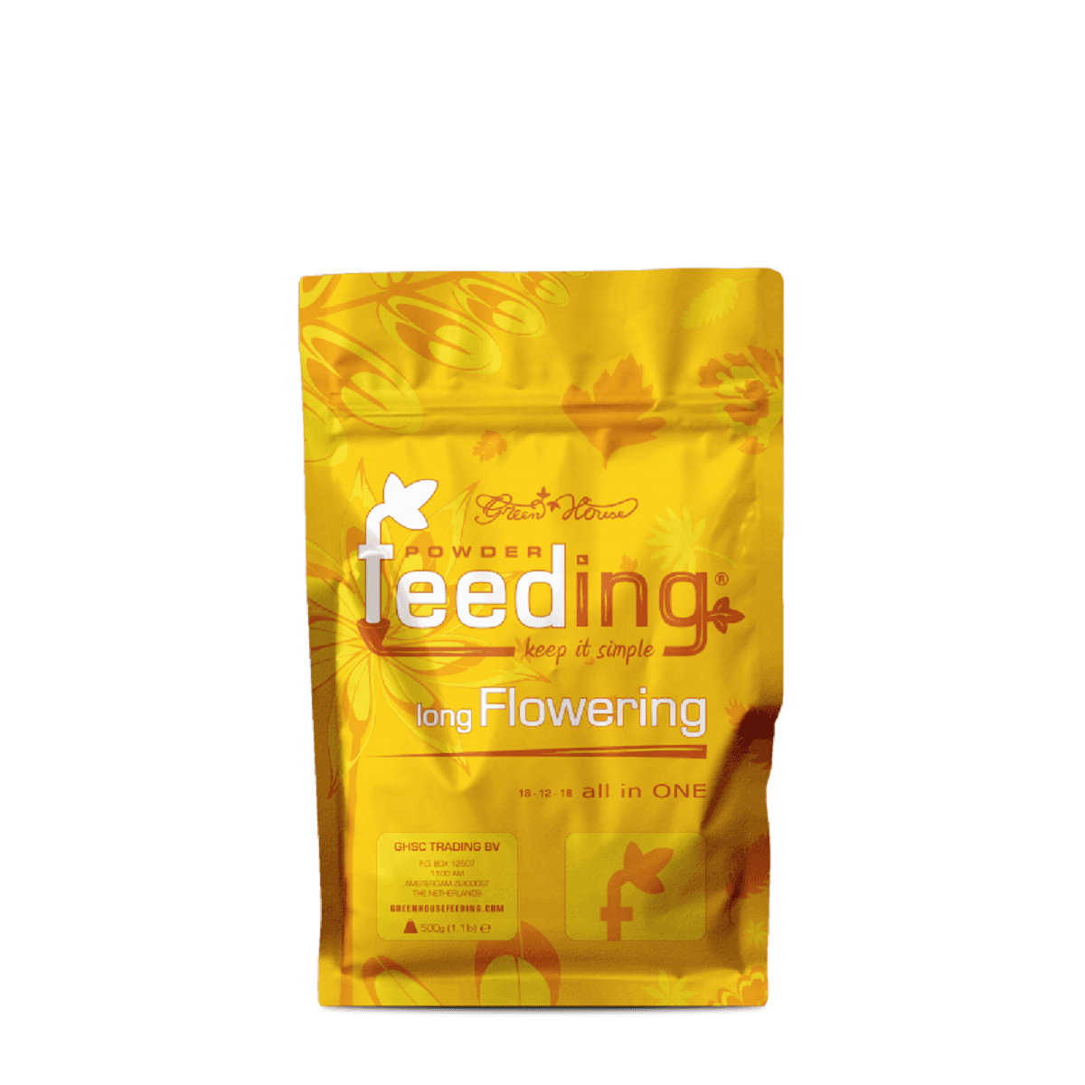 Engrais Green House Long Flowering 500g pour floraison longue, idéal pour plantes à cycle long en terre, coco, hydro ou aéro. Formule en poudre facile à utiliser.