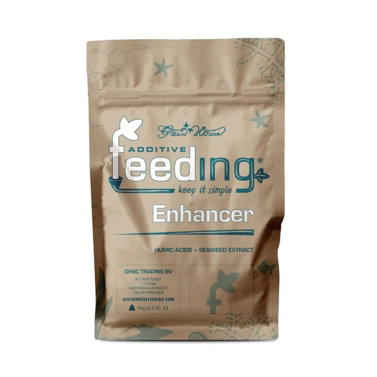 Engrais en poudre Nutriment Green House Powder Feeding BioEnhancer 500gr à base d'acides humiques et extraits d'algues pour jardinage bio.