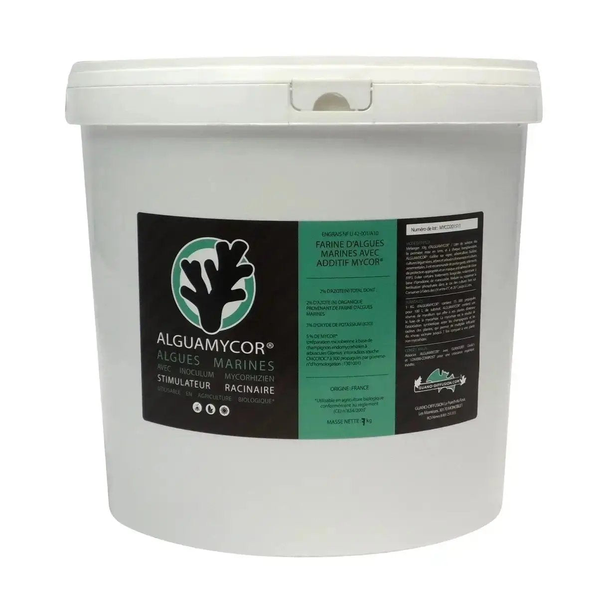 Seau de 7 kg d'engrais ALGUAMYCOR® V2, booster mycorhizien et organique à base de Glomus et Azospirillum pour stimuler les racines des plantes.