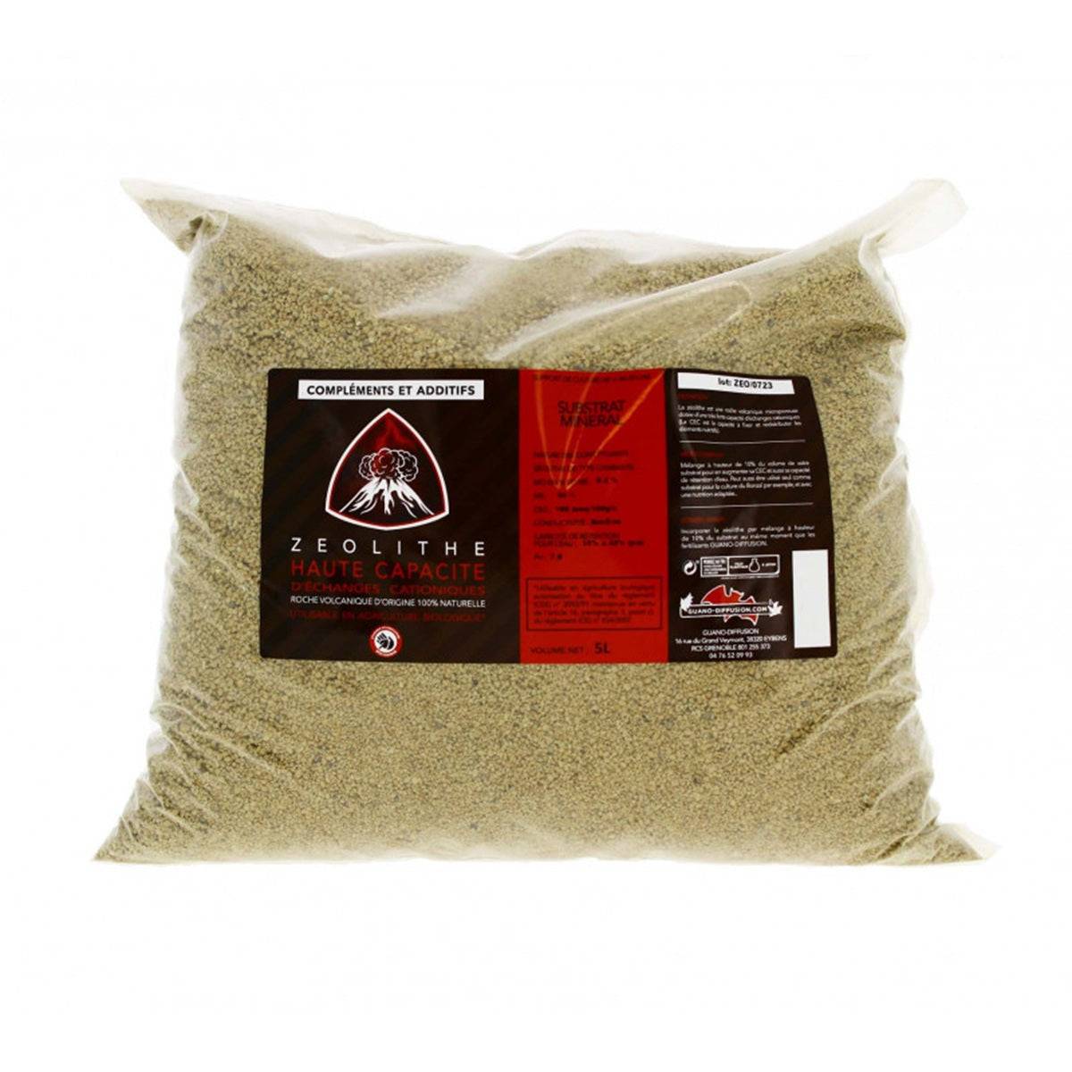 Guano Diffusion Zéolithe 5l en sachet transparent, substrat volcanique pour culture et bonsaïs. Amendement naturel pour sol, haute capacité nutritive.