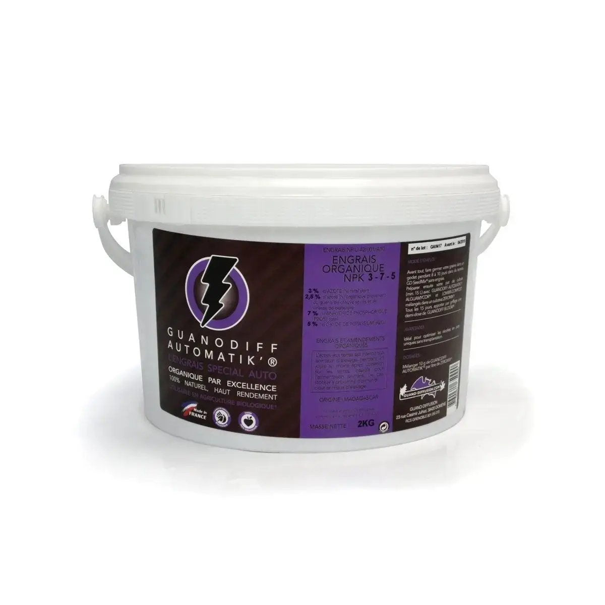 Engrais organique autofloraison Guanodiff Automatik 7kg en seau blanc avec étiquette violette, idéal pour cultures régulières ou étendues. Formule riche en guano pour nourrir et protéger les plantes pendant 4 à 6 semaines.