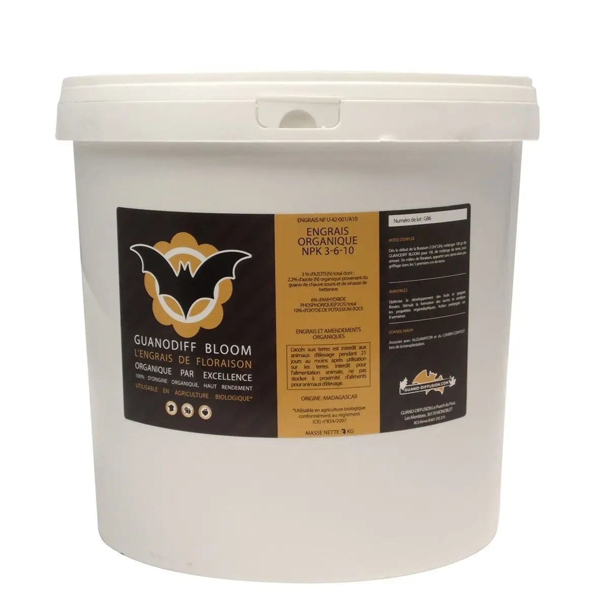 Seau de 7kg d'engrais floraison Guanodiff Bloom à base de guano 100% organique, idéal pour fruits savoureux et floraison abondante. Formule NPK 3-11-10 à libération lente, utilisable en agriculture biologique.