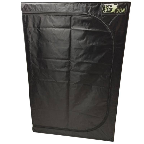 Tente de culture Guerilla G120R 120x60x180 cm fermée, toile noire résistante avec fermeture éclair en arc. Idéale pour culture indoor discrète.