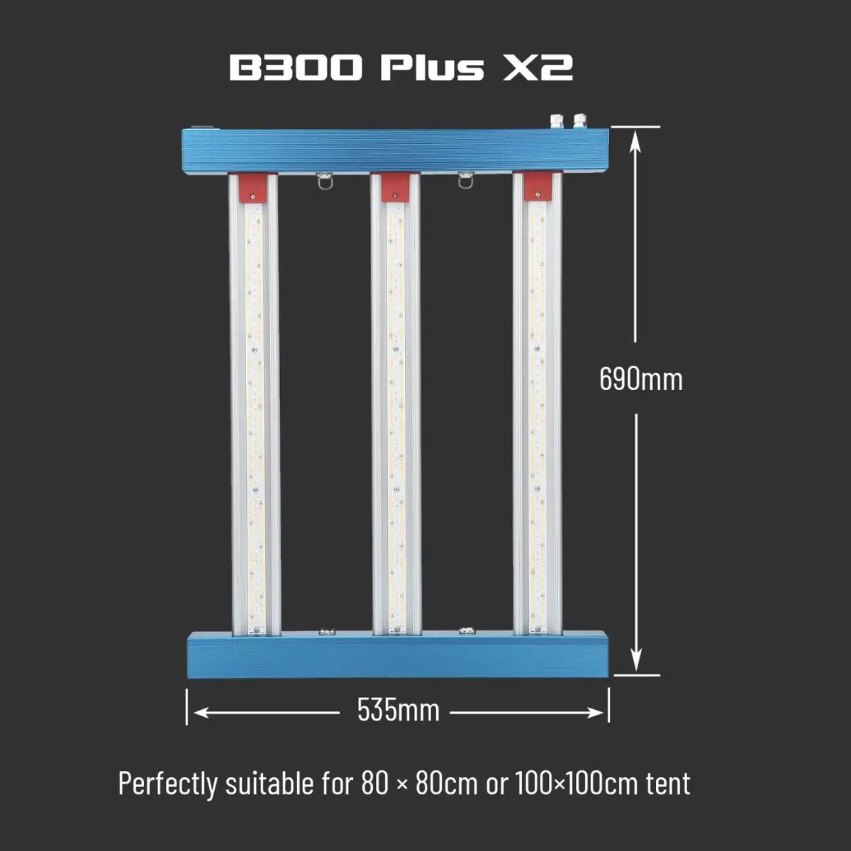 Dimensions de la lampe HortiSpectra B300 Plus X2 300W LED, adaptée aux tentes de culture 80x80 cm ou 100x100 cm.
