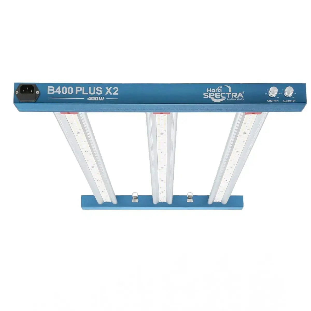Lampe LED HortiSpectra B400 Plus X2 de 400W avec double canal UV-IR, idéale pour tente de culture 120x60 cm. Design compact et haute efficacité.