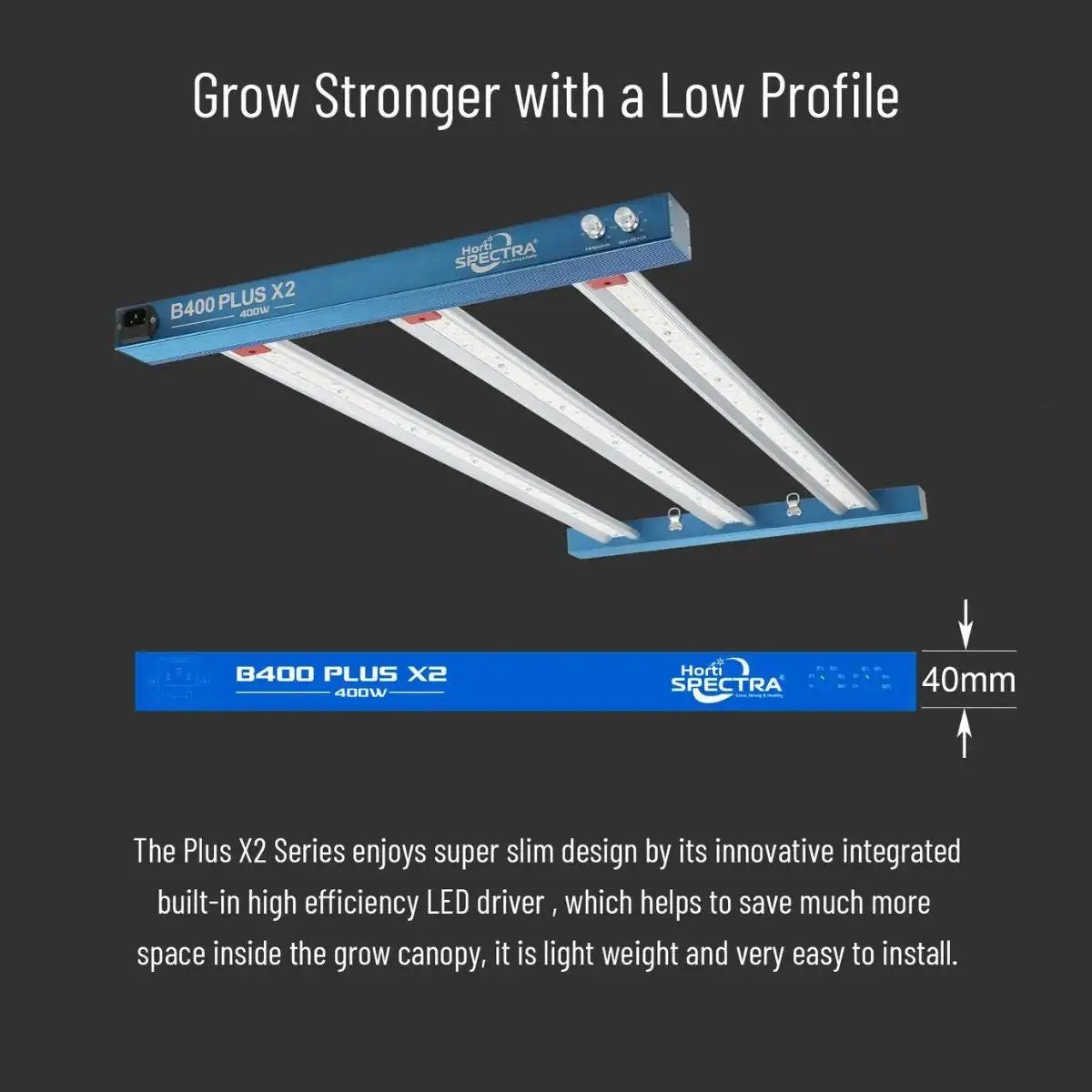 Profil ultra-fin de la HortiSpectra B400 Plus X2 de 40 mm, facilitant l'installation dans les tentes de culture tout en maximisant l'espace.