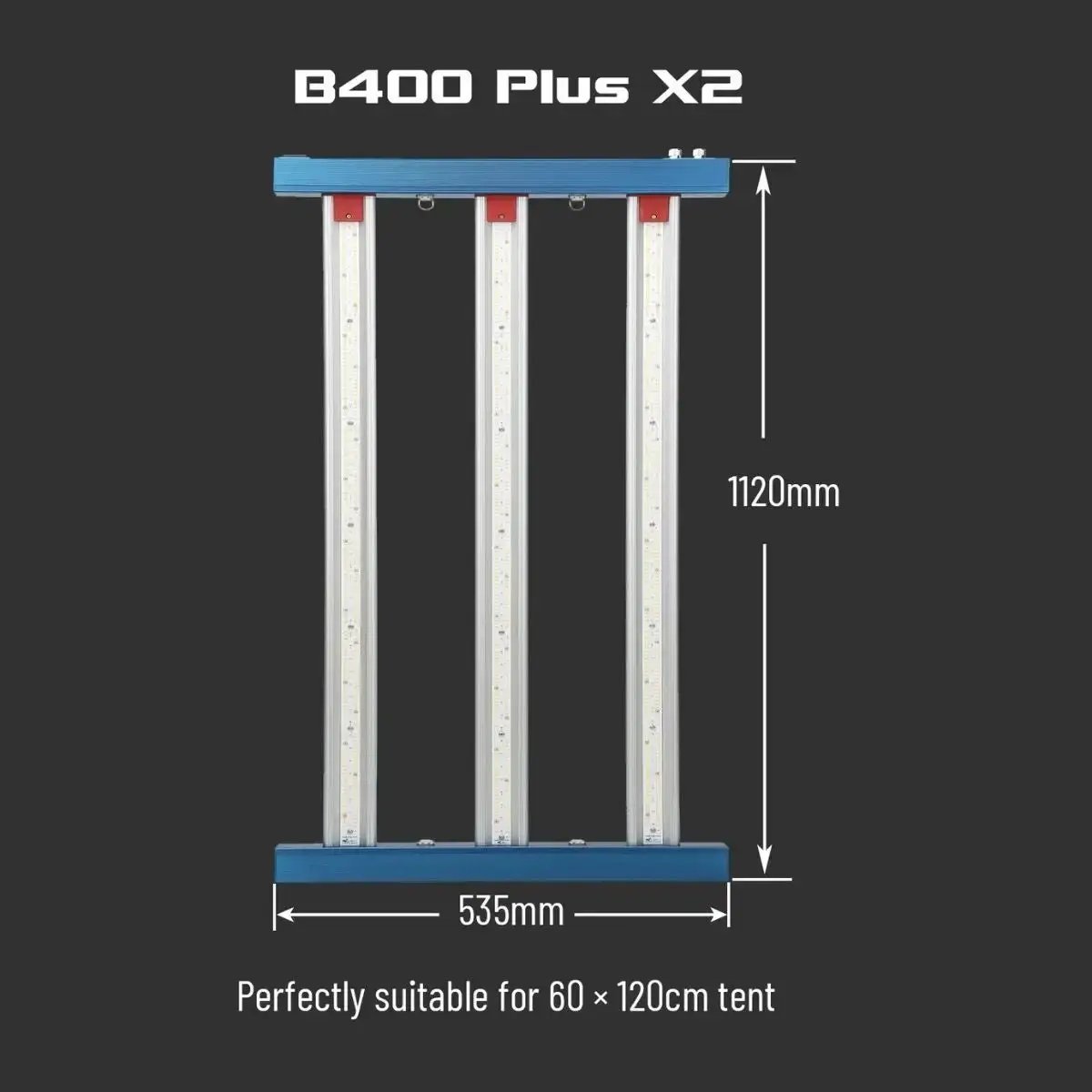 Dimensions de la lampe HortiSpectra B400 Plus X2 : 1120 mm x 535 mm, parfaitement adaptée aux tentes de culture de 60x120 cm.