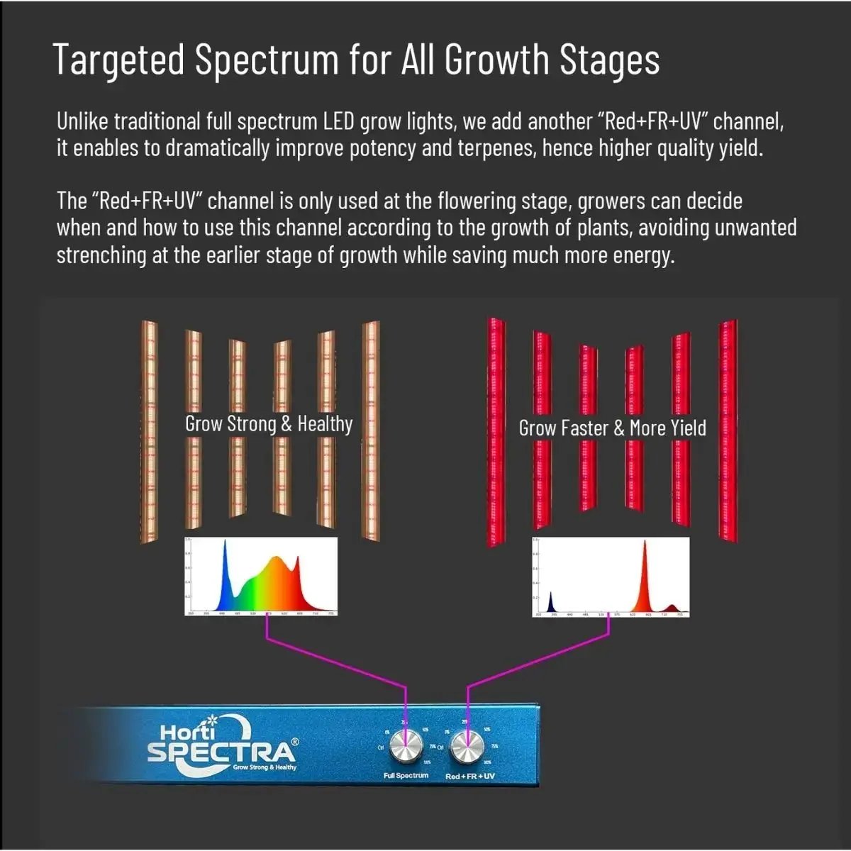 Explication du spectre ciblé de la HortiSpectra B400 Plus X2, favorisant toutes les phases de croissance des plantes grâce à ses LED UV+IR+Rouge.