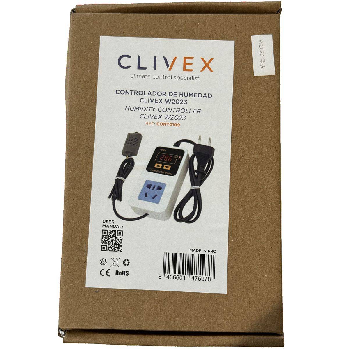 Emballage du contrôleur d'humidité Clivex W2023 avec sonde, affichage numérique et prise, parfait pour accessoires d'humidificateur domestique.