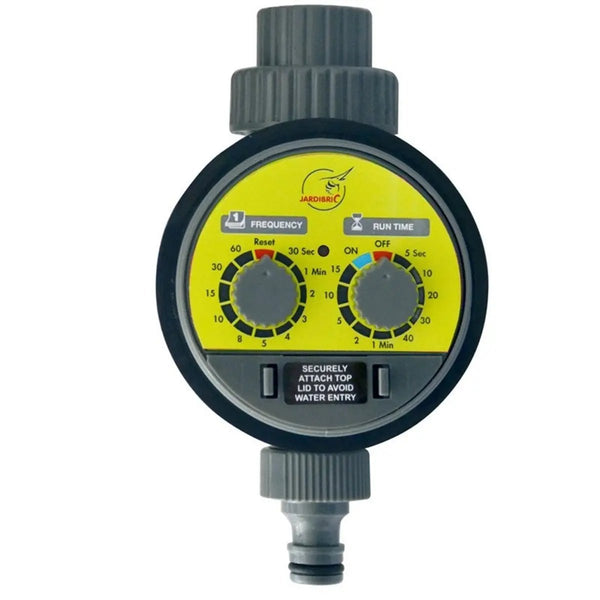 Temporisateur mécanique Jardibric pour arrosage automatique, avec cadrans de réglage de fréquence et durée, idéal pour irrigation de jardin.