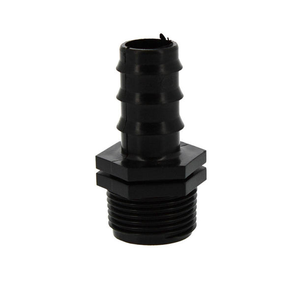 Jonction filetée 1" mâle x 1" femelle en plastique noir, 7 cm x 4 cm, pour raccordement de tuyaux PE en irrigation de jardin. Connecteur robuste et étanche pour systèmes d’arrosage domestiques.