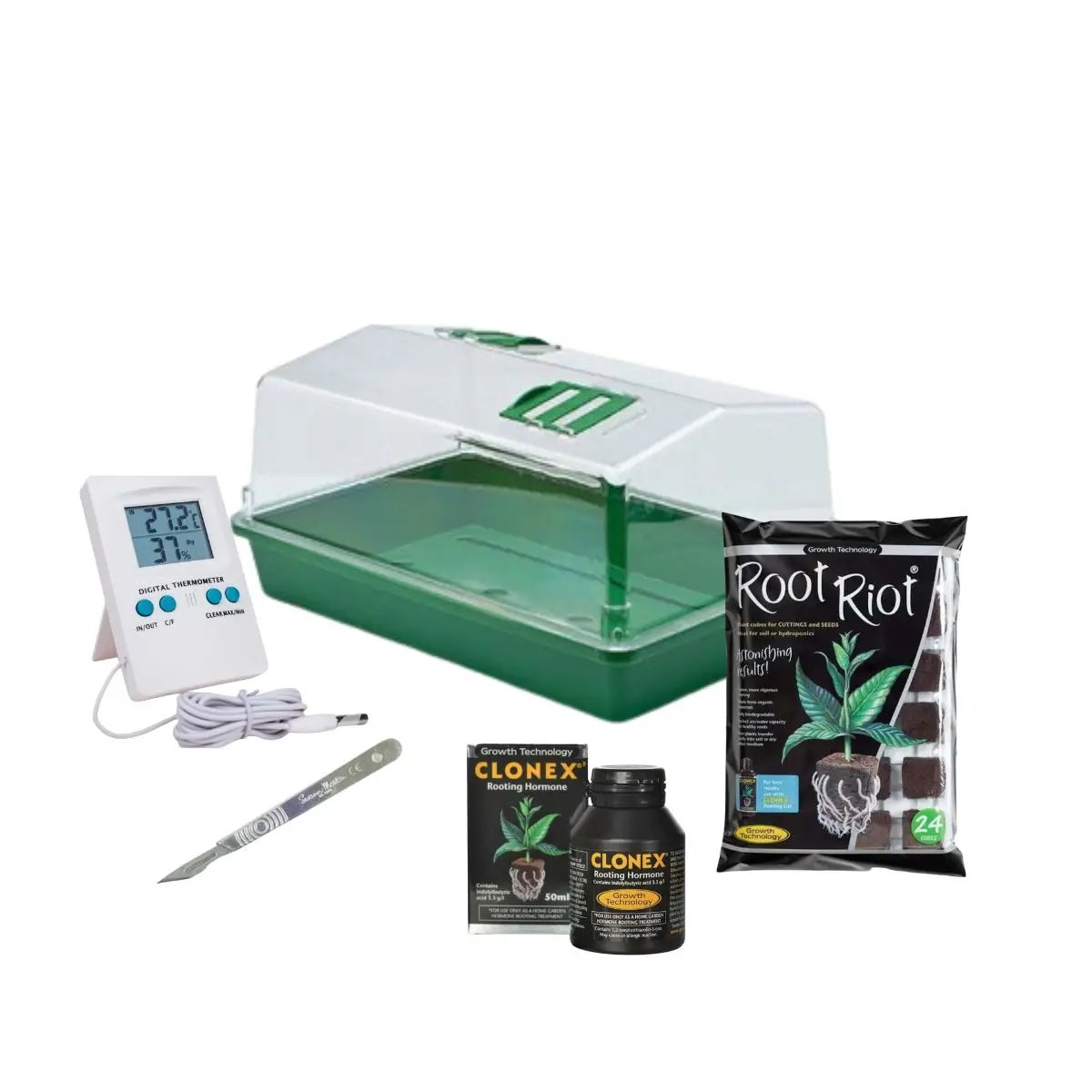 Kit de Propagation complet Conex avec propagateur 43, gel Clonex, Root Riot, thermomètre digital et scalpel pour bouturage et germination.