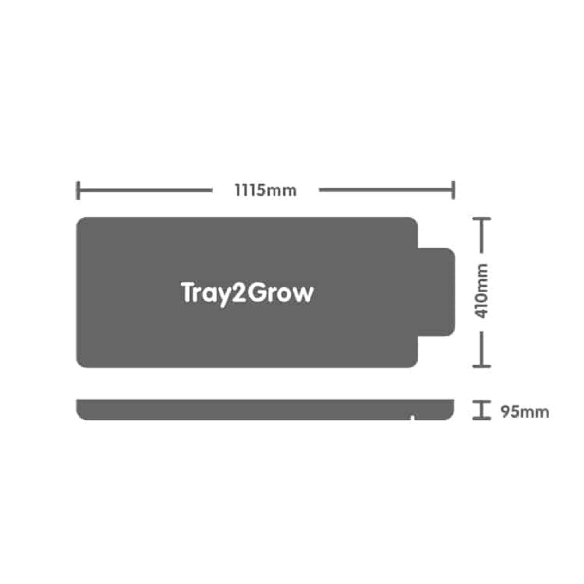 Dimensions du plateau Tray2Grow AutoPot : 1115 mm x 410 mm x 95 mm. Format adapté pour kit de culture autonome et propagation de plantules.