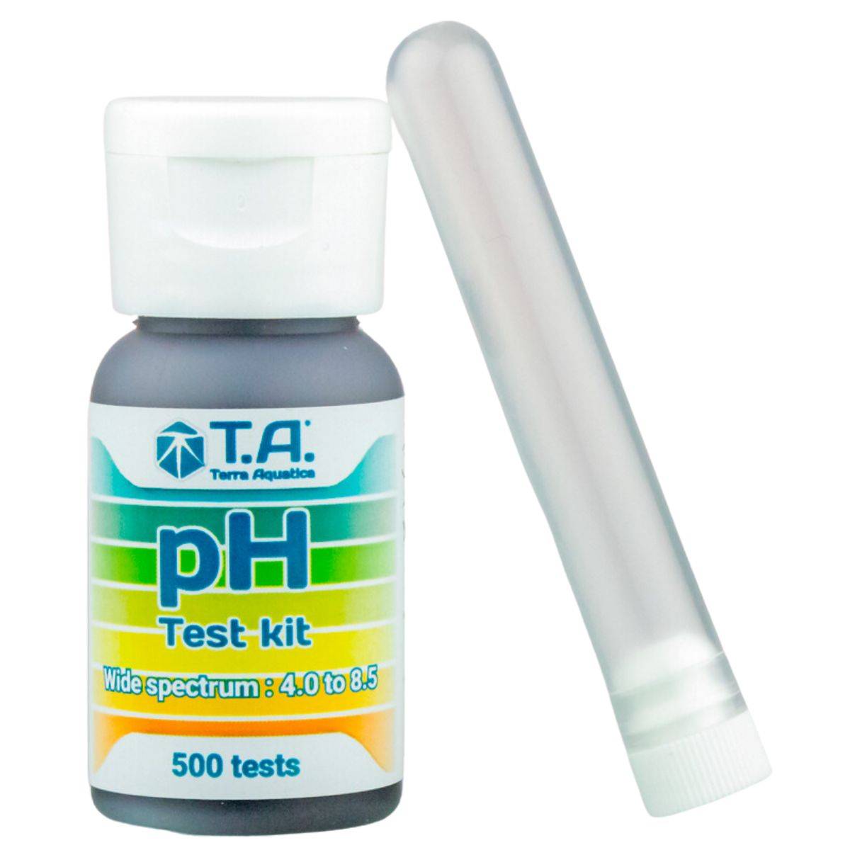 Kit de test pH Terra Aquatica avec flacon et éprouvette, avec une capacité de 500 tests et une plage de mesure 4.0 à 8.5