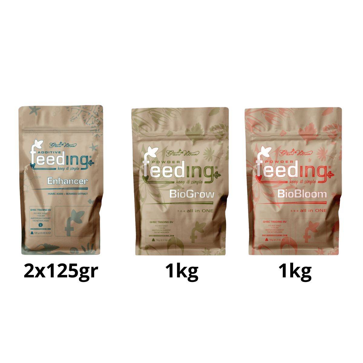 Pack complet d'engrais organique Green House BIO avec Enhance 2x125g, BioGrow 1kg et BioBloom 1kg, idéal pour culture indoor sur SauceGrowing.