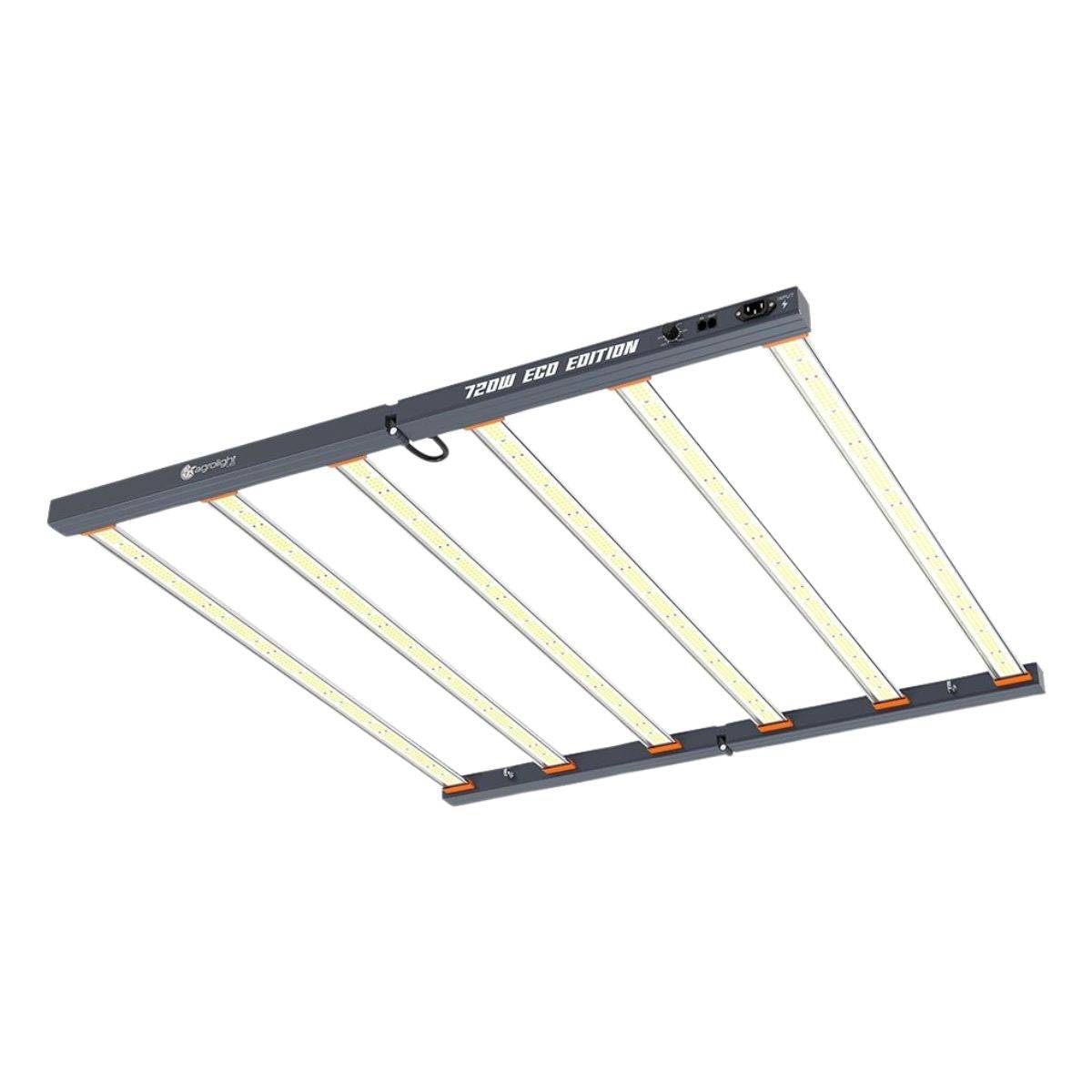 Lampe LED AGROLIGHT Eco Édition 720W allumée, affichant ses barres LED Samsung à spectre complet pour une croissance végétale optimale.