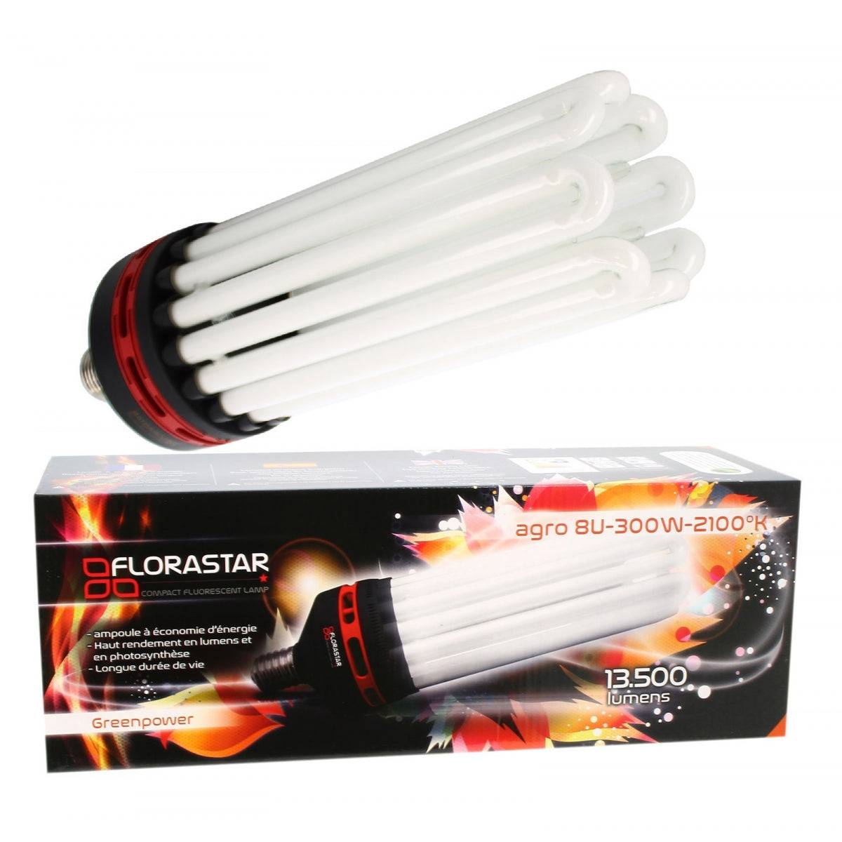 Ampoule de floraison Florastar CFL 300W avec spectre lumineux 2100K, idéale pour serre et culture intérieure, vendue par Saucegrowing.