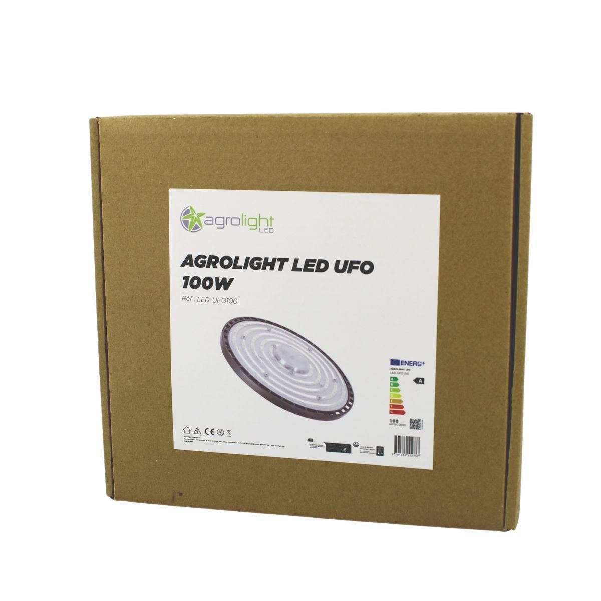Emballage de la lampe de culture AGROLIGHT LED UFO 100W avec étiquette produit, adapté aux cultures complémentaires et espaces professionnels.