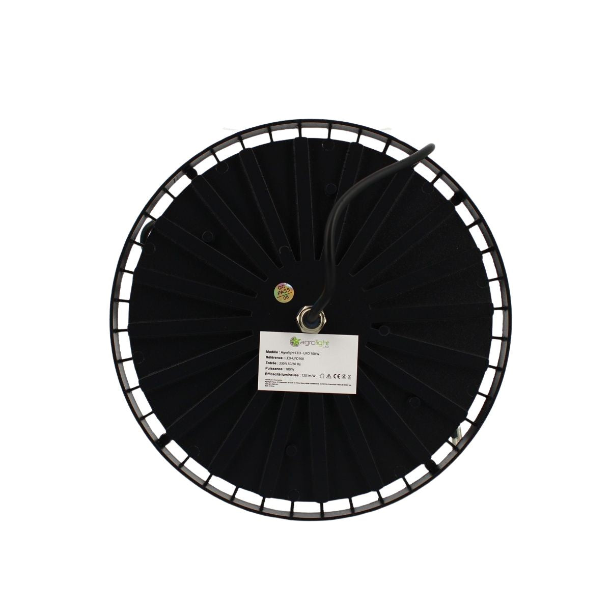 Vue arrière de la lampe AGROLIGHT LED UFO 100W montrant le système de dissipation thermique et l’étiquette technique pour culture intérieure.