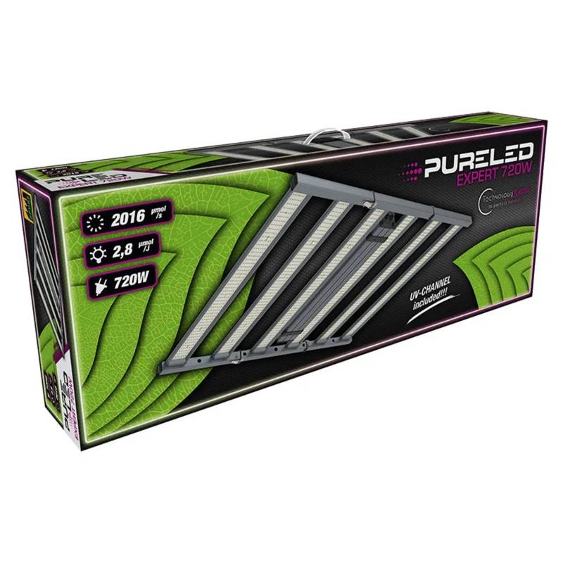 Emballage de la lampe de culture Pure LED Pro 720 Watt par Saucegrowing, illustrant les caractéristiques techniques et le design du produit.