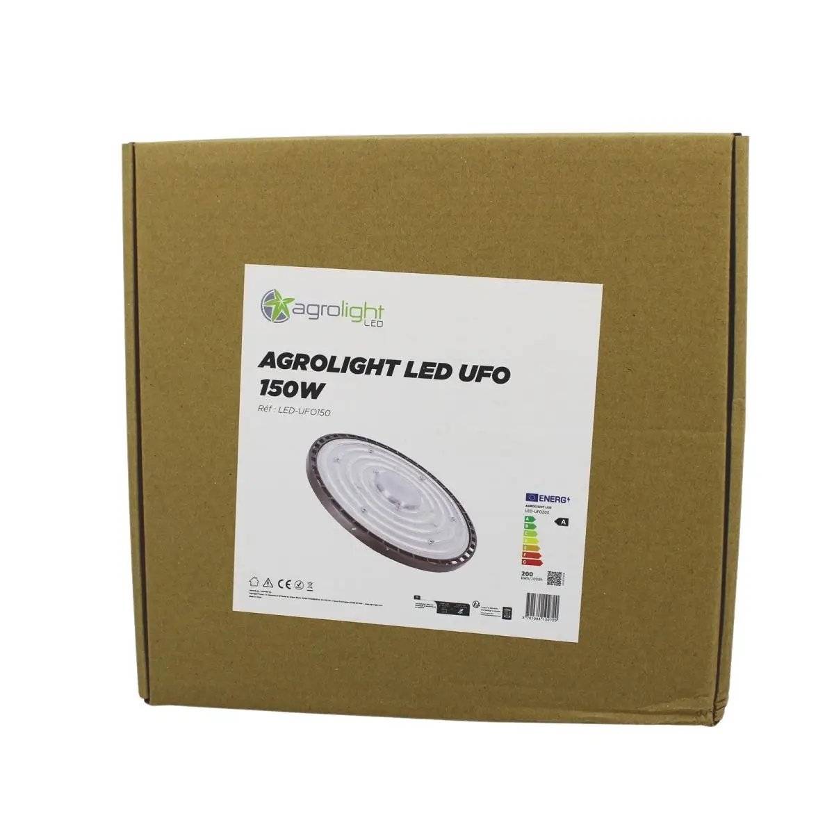 Emballage carton de la lampe LED AGROLIGHT UFO 150W, solution économique et performante pour l’éclairage des plantes d’intérieur.