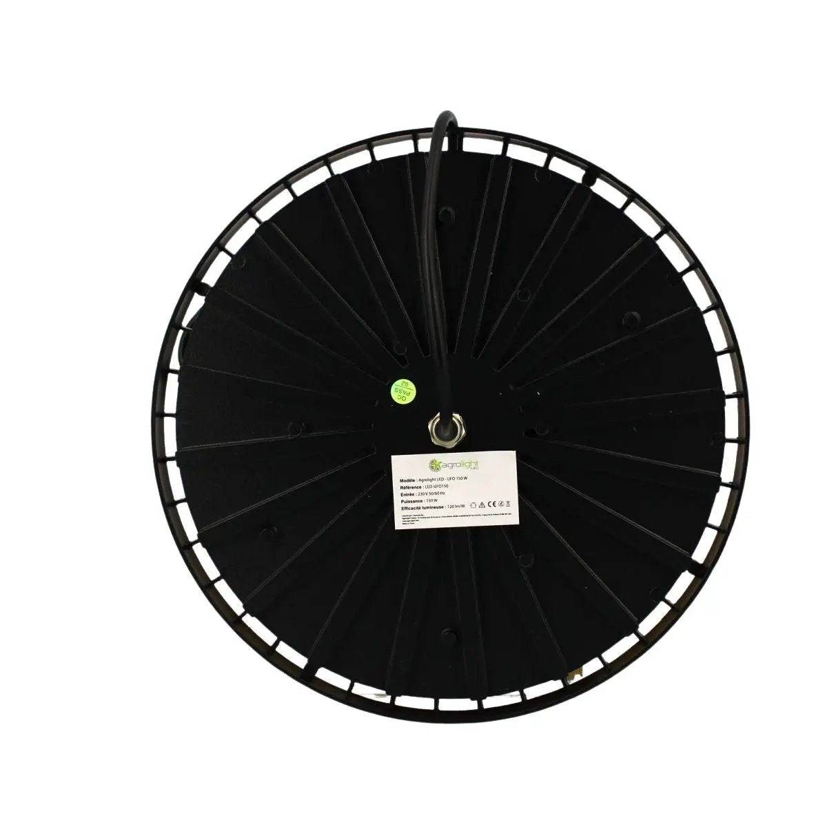 Vue arrière de la lampe LED AGROLIGHT UFO 150W avec dissipateur thermique circulaire, conçue pour la culture de plantes en intérieur.