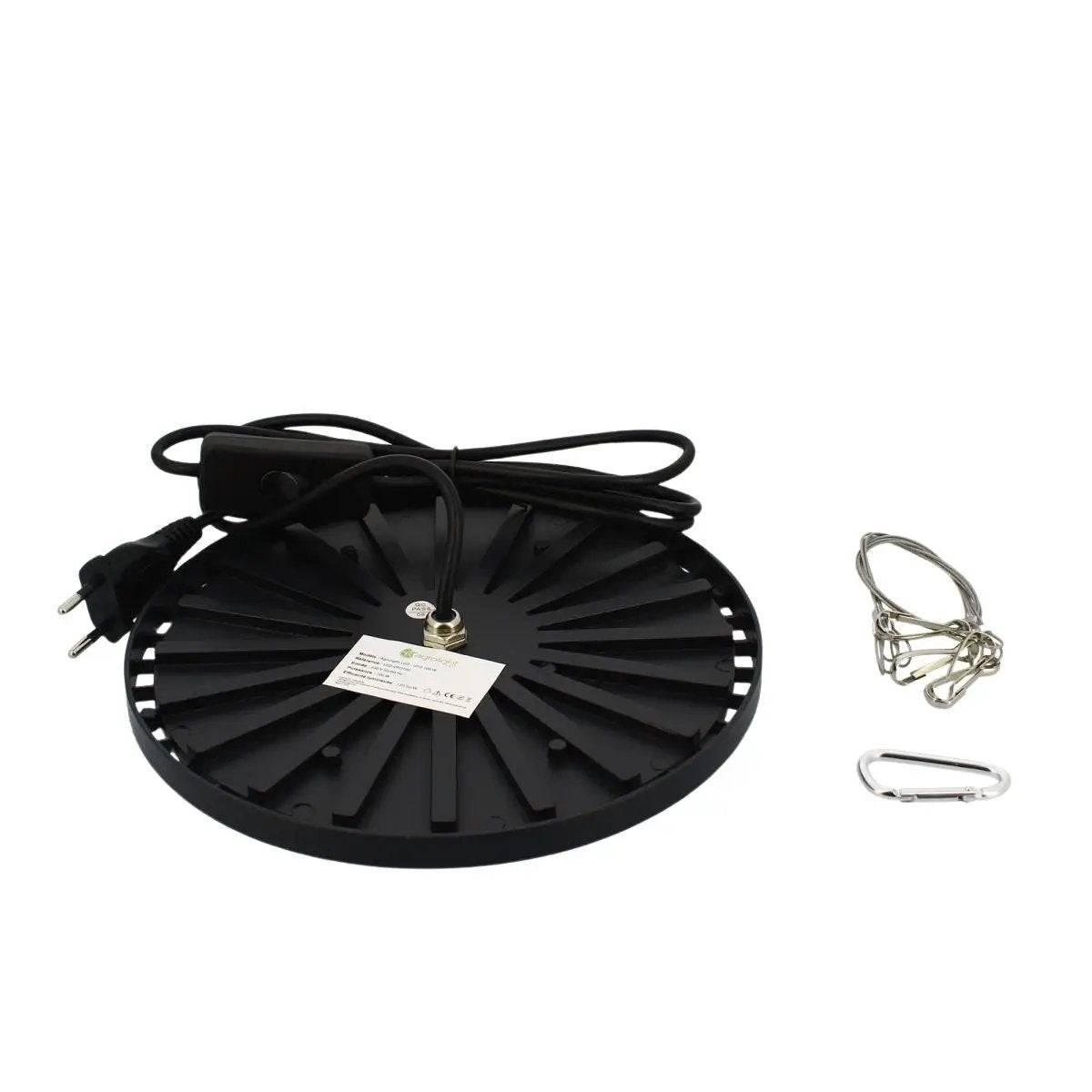 Contenu de la boîte AGROLIGHT UFO 150W incluant la lampe LED, câble d’alimentation et accessoires de suspension pour culture indoor.