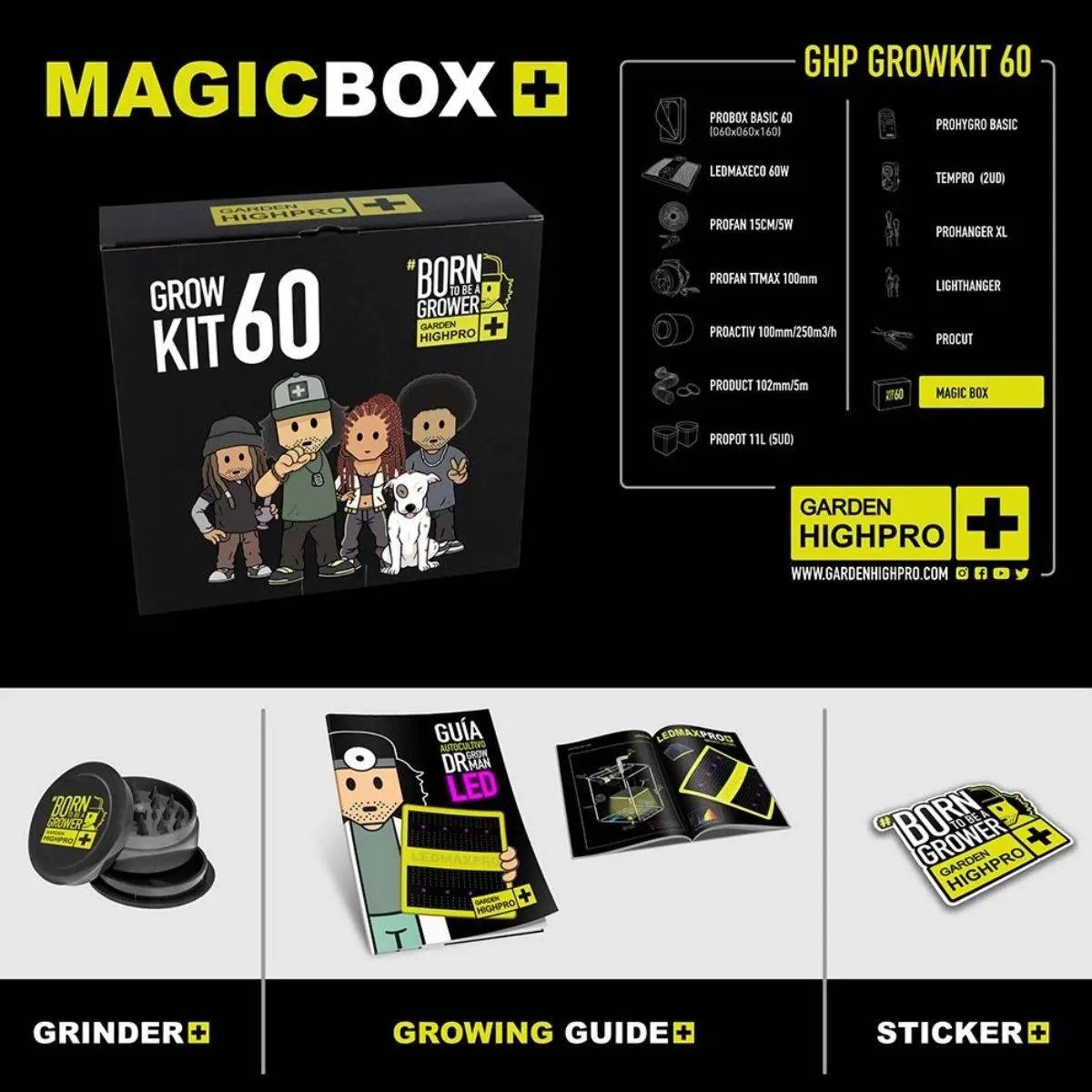 Magic Box du kit Garden HighPro Growkit 60 avec grinder, guide de culture et autocollants pour débuter facilement en culture indoor.