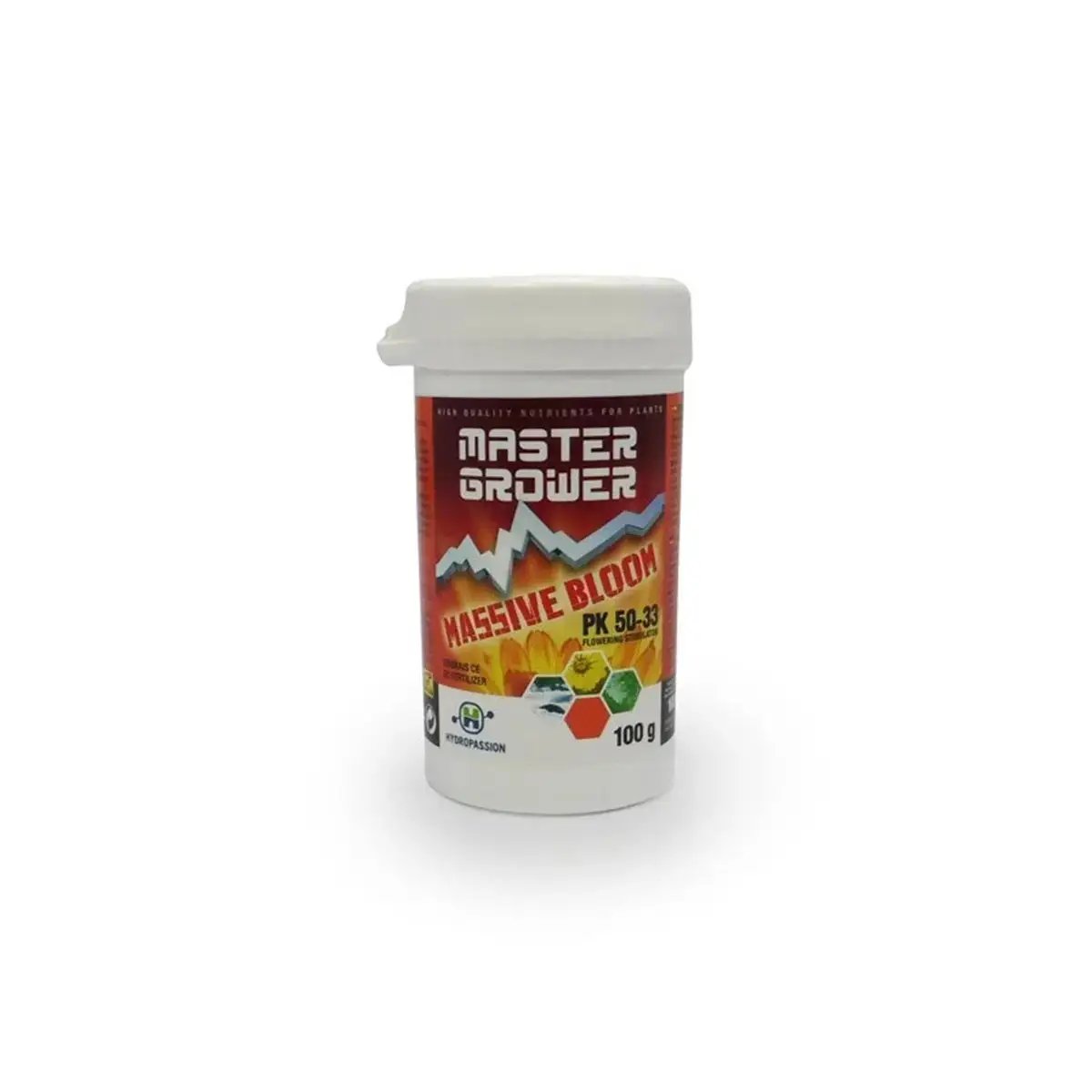 Engrais en poudre Hydropassion Massive Bloom 100g, stimulateur de floraison PK 50-33 pour optimiser la floraison des plantes. Produit Master Grower idéal pour culture intensive.